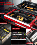 Heavy-Duty 6 XL Tool Box Drawer Organizer Trays with Non-Slip Pads in tool chest, holding power tools, sockets, and hammers.