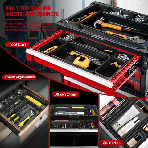 Heavy-Duty 6 XL Tool Box Drawer Organizer Trays with Non-Slip Pads in tool chest, holding power tools, sockets, and hammers.