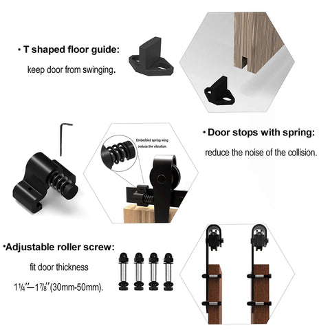 Beefy Heavy Duty Sliding Barn Door Hardware Kit For Single Door With Steel Track And Nylon Rollers I Shape Hangers, featuring T-shaped floor guide and door stops with spring for noise reduction.
