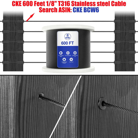 600 ft T316 stainless steel cable spool with wood post railing and wire protection details.