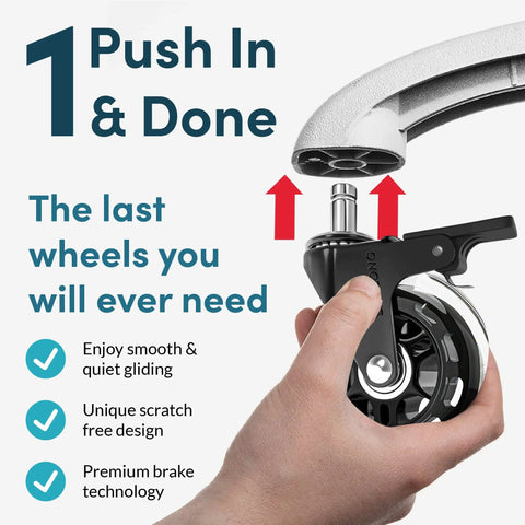 Heavy Duty Office Chair Wheel Replacement 5 Pack Polyurethane Caster Upgrade shown installing into chair leg for smooth operation