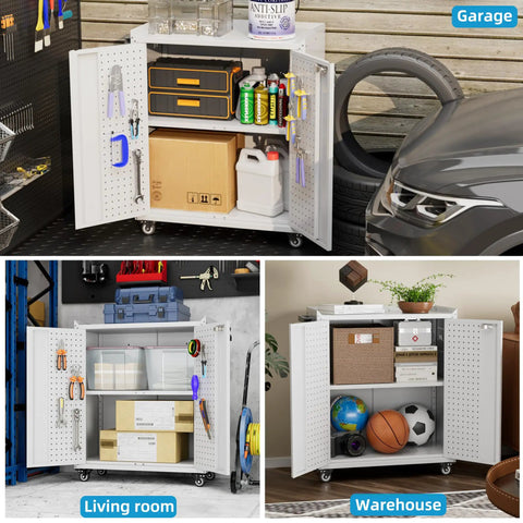 Heavy Duty Metal Garage Cabinet On Wheels With Pegboard And Locking Doors, Adjustable Shelves, Home Use, White Finish