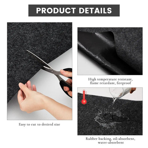 Four Piece Oil Spill Mat Set 36 By 60 Inches For Garage Floor Protection Front And Rear Car Coverage Reusable Washable Oil Drip Mats For Cars And Motorcycles And More, showing details such as cut to size, flame retardant, and water absorbency.