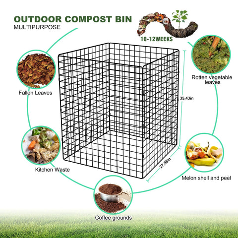 Outdoor Compost Bin With Square Mesh Panels, Garden Wire Construction, Black Heavy Duty Compost Container For Leaves And Yard Waste, 36x36x28 Inches, Foldable Steel Frame, Weather Resistant