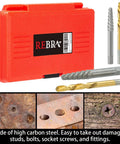 Heavy Duty Screw Extractor Set 37 Piece Cr-Mo and 6542 HSS Cobalt Left Hand Drill Bits with red case and close-ups of damaged screws.
