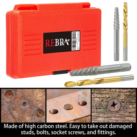 Heavy Duty Screw Extractor Set 37 Piece Cr-Mo and 6542 HSS Cobalt Left Hand Drill Bits with red case and close-ups of damaged screws.