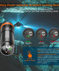 Diagram of Ultra Bright 5000 Lumens Cordless Dive Light showing battery indicators and locking design instructions.