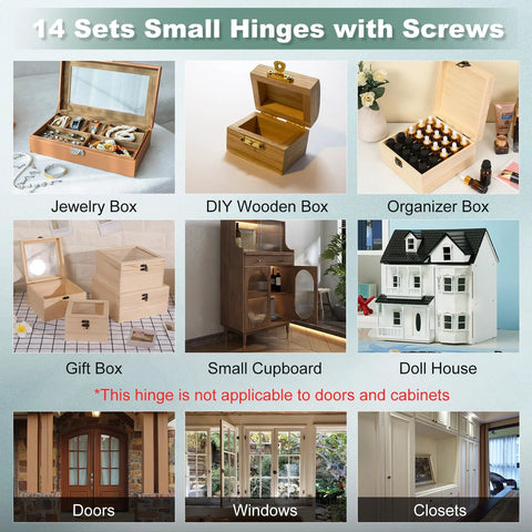 14 sets small hinges with screws; 1-inch stainless steel jewelry box hardware for wooden boxes, organizers, and doll houses.