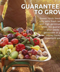 Person pushing wheelbarrow filled with fresh vegetables in a garden with text overlay about guaranteed seed germination.