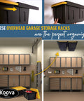 Collage showing Overhead Garage Storage Rack For Two Bins With Adjustable Width And 80 Pound Capacity DIY Safe Ceiling Mount.