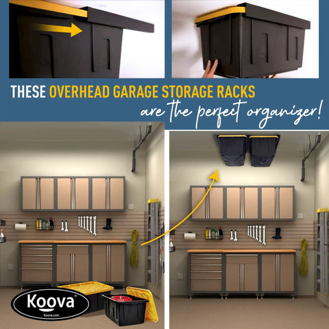 Collage showing Overhead Garage Storage Rack For Two Bins With Adjustable Width And 80 Pound Capacity DIY Safe Ceiling Mount.