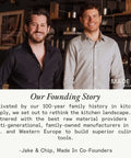 Two men standing in a kitchen, founders of Made In cookware, with text about their founding story and commitment to quality culinary tools.