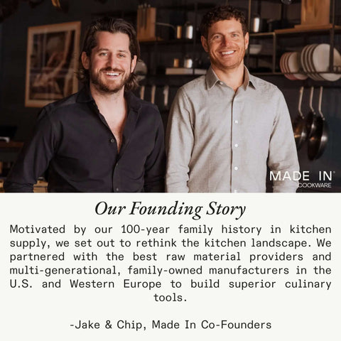 Two men standing in a kitchen, founders of Made In cookware, with text about their founding story and commitment to quality culinary tools.