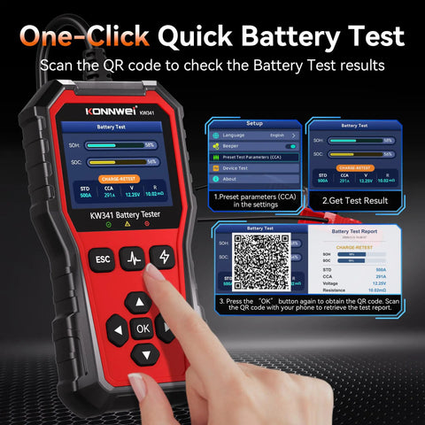 All-In-One 6V 12V 24V Battery Tester For Cars, Trucks, And Bikes With Built-In Reverse Polarity Protection, Test Range 10-2000 CCA Across Flooded, AGM, Gel, EFB, And Lithium, handheld tester screen with QR report