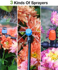 Greenhouse Micro Drip Irrigation Kit With 1/2 Inch Main Tubing and 1/4 Inch Distribution Tubing showing three types of sprayers