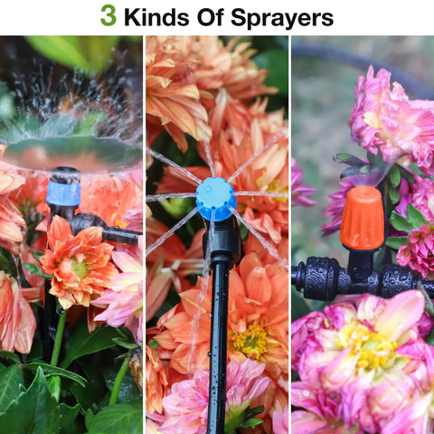 Greenhouse Micro Drip Irrigation Kit With 1/2 Inch Main Tubing and 1/4 Inch Distribution Tubing showing three types of sprayers