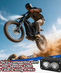 Biker jumping with Sur Ron X260 featuring the Upgraded Headlight Kit For Sur Ron Segway X260 And Talaria Sting R MX4