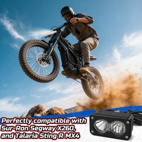 Biker jumping with Sur Ron X260 featuring the Upgraded Headlight Kit For Sur Ron Segway X260 And Talaria Sting R MX4