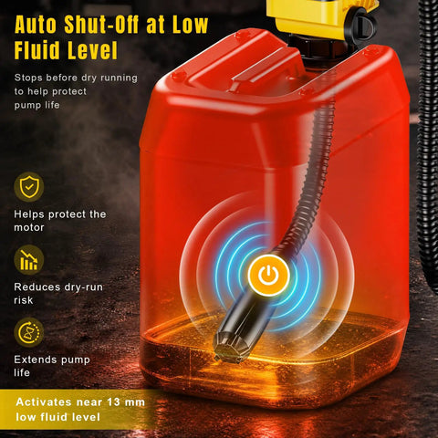 Cordless Fuel Transfer Pump For 20V Max Battery Gas Cans Three Point Seven GPM Fast Flow Portable Pump That Lets You Move Fuel Quickly Without Hand Pumping Fits Wide Mouth Can Openings Over Thirty Six Millimeters Battery Not Included, shown with auto shut-off sensor