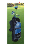 7 Piece Junior Golf Club Set For Ages 8 To 12, Right Handed, Height 56 To 62 Inches, Blue Youth Golf Gear on putting green