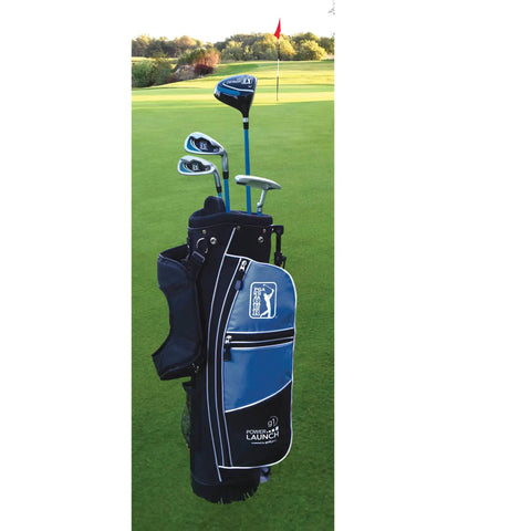 7 Piece Junior Golf Club Set For Ages 8 To 12, Right Handed, Height 56 To 62 Inches, Blue Youth Golf Gear on putting green