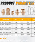 Diagram of Brass Pipe Fittings Kit 24 Pcs Hex Nipple And Hex Coupling Set 1/8 To 1/8 NPT, 1/4 To 1/4 NPT details and sizes.
