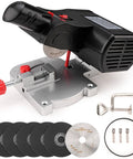 Mini Miter Cut Off Chop Saw For Metal And Wood Crafts, 0 To 45 Degree Miter, 6000 RPM High Speed, Cuts Up To Half Inch Deep And Half Inch Wide, Compact Electric Table Saw For Frames, Models, Arrow Shafts And Small Projects with accessories displayed