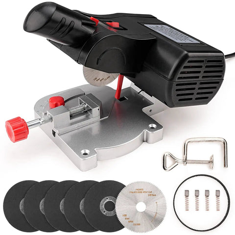 Mini Miter Cut Off Chop Saw For Metal And Wood Crafts, 0 To 45 Degree Miter, 6000 RPM High Speed, Cuts Up To Half Inch Deep And Half Inch Wide, Compact Electric Table Saw For Frames, Models, Arrow Shafts And Small Projects with accessories displayed