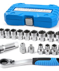Go Through Socket Set With Three Eighths And One Half Inch Drive, Seventeen Piece Metric Ratchet Kit With Low Profile, tools on white background
