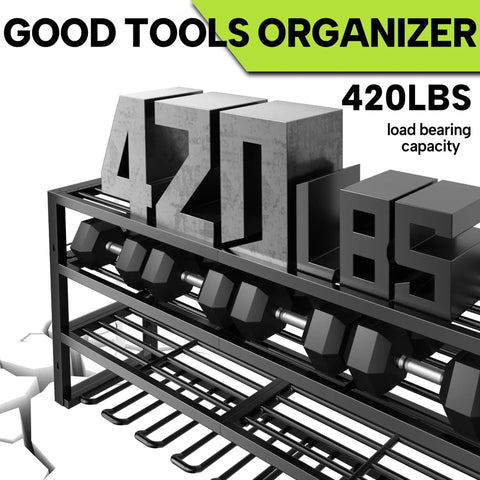 Beefy 32 Inch Heavy Duty Power Tool Organizer Wall Mount with four layers and eight drill holders, 420 lbs capacity.