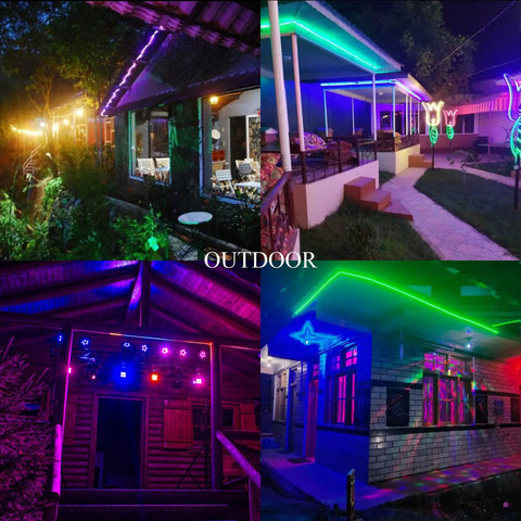 Outdoor RGB LED Light Strips 32 Feet Waterproof IP65 with Remote Control illuminating gardens and patios at night