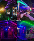 100ft Outdoor LED Strip Lights Waterproof IP65 with Bluetooth Remote lighting up a patio and garden with RGB colors