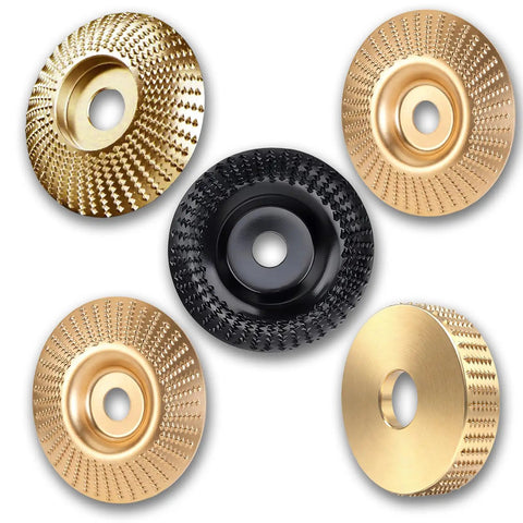 Five pieces of All In One Pro Grade Wood Carving Disc Kit For Angle Grinders, gold and black colors, varying textures for different uses.