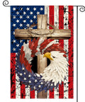 Patriotic Stars And Stripes Eagle Wreath Garden Flag 12x18 Inch Double Sided Outdoor Flag with cross and USA flag background