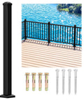 Rock Solid Black Aluminum Railing Posts With Included Mounting Screws Weather Resistant Outdoor Deck Fence Hardware Heavy Duty Powder Coated Support Kit For Patio Build Outs That Are Legit Built Tight And Low Maintenance with four screws and bolts.