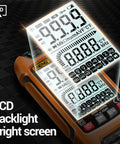 Versatile Digital Multimeter With Auto Ranging And TRMS 9999 Counts with bright LCD backlight screen, showcasing various readings