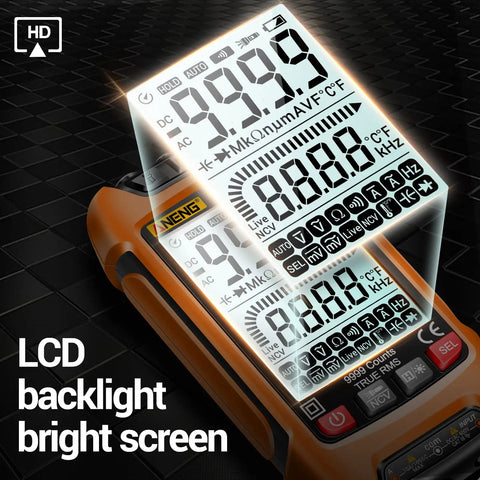 Versatile Digital Multimeter With Auto Ranging And TRMS 9999 Counts with bright LCD backlight screen, showcasing various readings