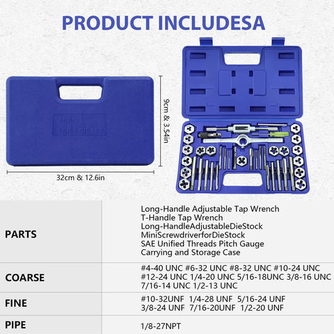 40 Pcs Tap And Die Set SAE Standard Thread Repair Kit Threading Tool Set For Cutting External And Internal Threads With Storage Case