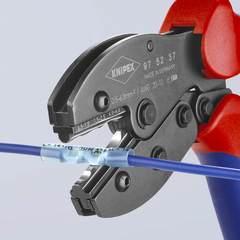 Preciforce Crimp Lever Pliers crimping a blue wire ferrule, 5 positions, 0.25-6 mm2, AWG 23-10, high-pressure dies visible