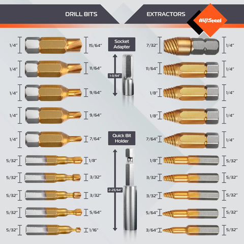 22 Piece Damaged Screw Extractor Set With Magnetic Extension Bit Holder And Socket Adapter For Removing Stripped And Broken Bolts No Nonsense Easy Out Kit In Heavy Duty Case, showing various sizes of drill bits and extractors.