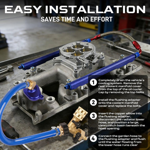 Diagram showing Ford 6.0L Oil Cooler Flush Kit with T Port and anodized adapter for 2003-2010 diesel engines