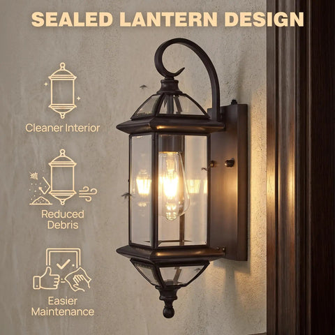Solid Copper Dusk To Dawn Outdoor Wall Light With Clear Beveled Glass In Oil Rubbed Bronze, 18.5 Inch Exterior Wall Sconce