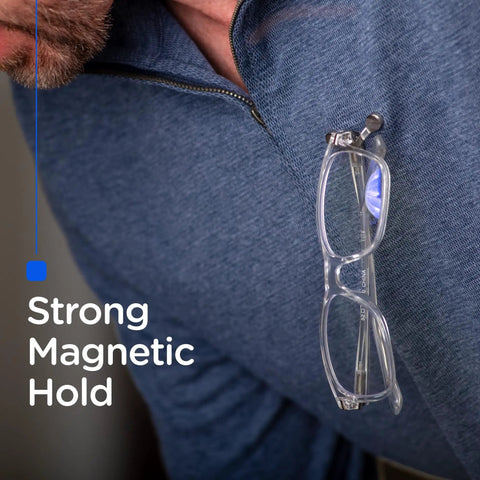 Person using Magnetic Eyeglass Holder Clip On Set Of 2 For Glasses Sunglasses And ID Badges Secure Strong Hold Easy Access