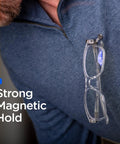 Magnetic Glasses Holder Pins For Shirts Retractable Eyeglass Magnets Metal Black 3 Pack holding eyeglasses on blue shirt
