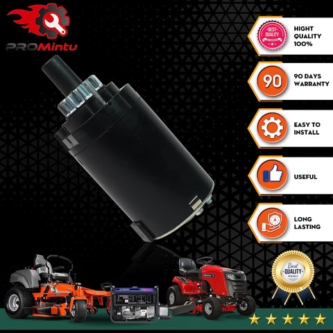 14 Tooth Starter Motor Replaces Cub Cadet 1000 Series And More, black cylindrical design, with warranty icons and mowers