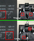 Diagram and close-up of 10 Pack 30 40 Amp 12V SPDT Relay Switch Waterproof 5 Pin for automotive and marine use, showing pins.