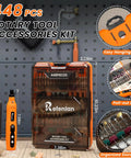 Heavy Duty 448 Piece Rotary Tool Accessory Kit With Sleek Carry Case, 1 8 Inch Universal Bits, Cordless Power Tool Built Strong For Sanding Polishing Engraving, Plug And Play 2000 Mah Battery on a workbench.