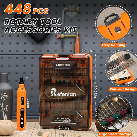 Heavy Duty 448 Piece Rotary Tool Accessory Kit With Sleek Carry Case, 1 8 Inch Universal Bits, Cordless Power Tool Built Strong For Sanding Polishing Engraving, Plug And Play 2000 Mah Battery on a workbench.
