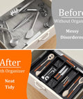 Kitchen drawer showing before and after views; Beefy Expandable Large Silverware Drawer Organizer For Kitchen Drawers Adjustable Cutlery Tray.
