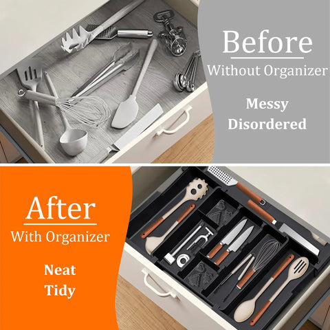 Kitchen drawer showing before and after views; Beefy Expandable Large Silverware Drawer Organizer For Kitchen Drawers Adjustable Cutlery Tray.